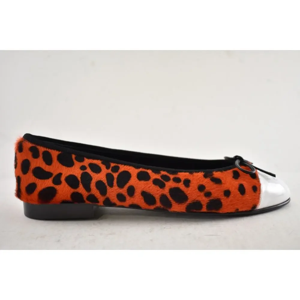 Chanel 26A Orange Leopard Pony Fur Black White CC Logo Ballet Ballerina Flat 39